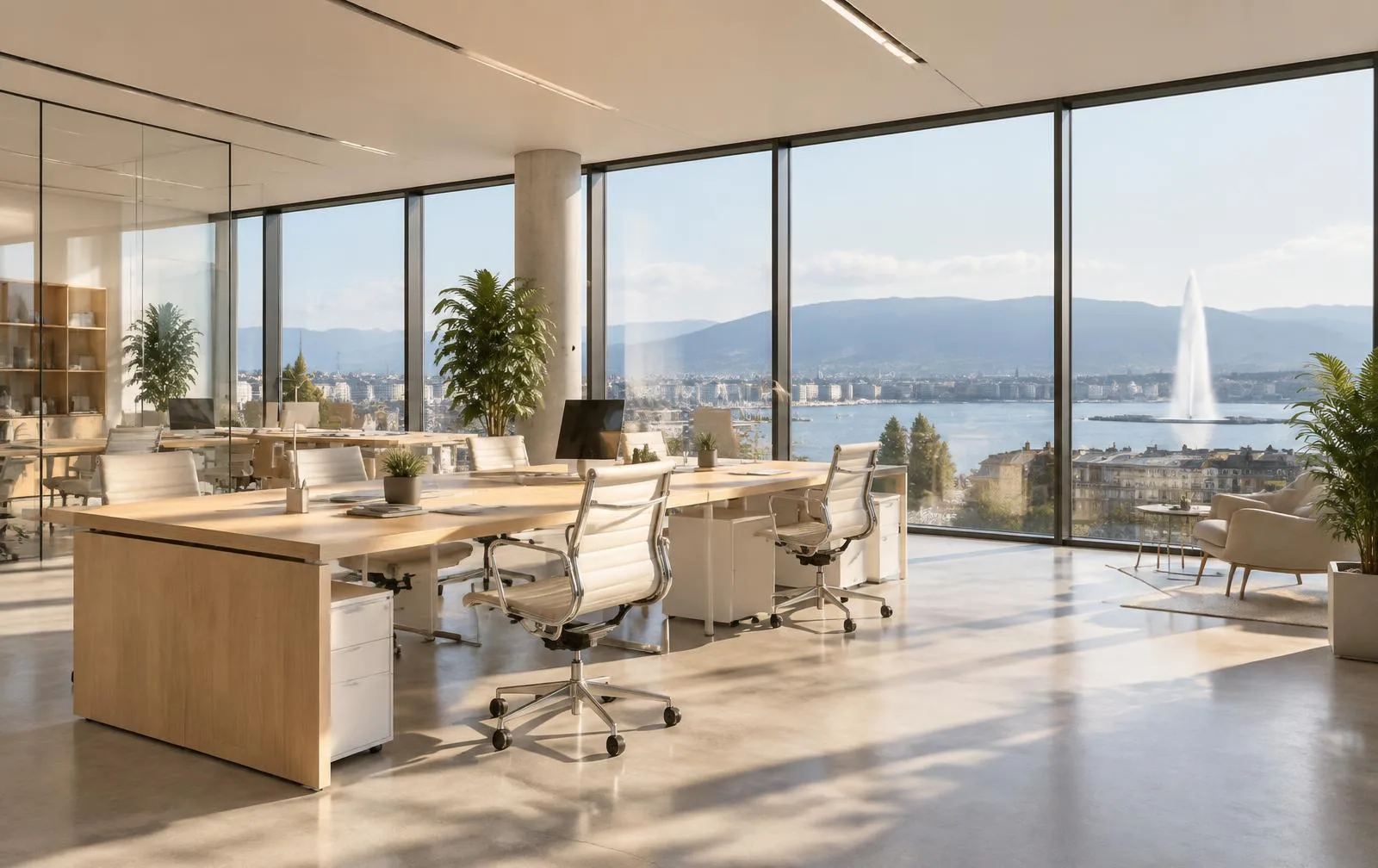 Bureau moderne et lumineux avec vue sur le Jet d'Eau à Genève