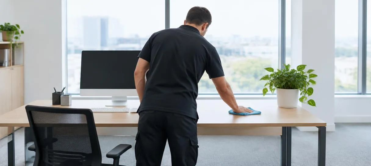 Nettoyage d'un bureau professionnel à Genève, vue de dos sur l'action de nettoyage